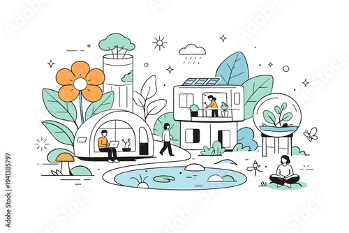 Future biocentric living spaces. A calm experimental scene showing modular homes surrounded by oversized plants and abstract ecosystems. Feeling of adaptation,