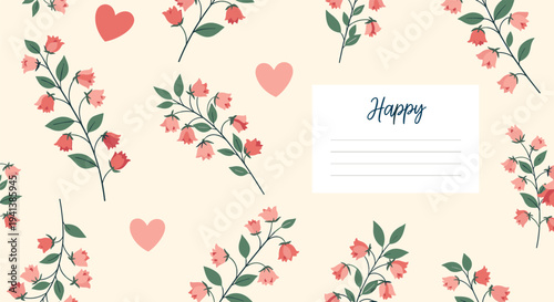 Elegant seamless pattern with pink flowers on branches and hearts surrounding a blank white card with the word happy.