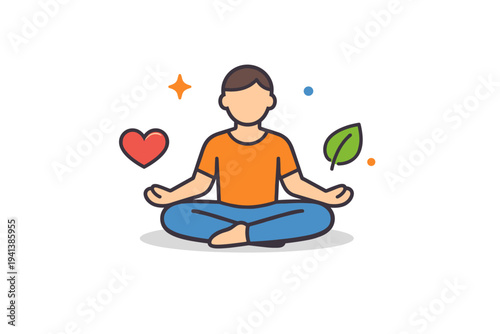 Mindfulness meditation pose for daily wellness shown as a calm seated figure paired with a small heart or leaf symbol, expressing self care, health, and gentle