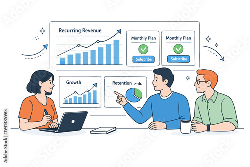 Subscription growth strategy. A marketing team reviewing a dashboard with recurring revenue charts and ?Monthly Plan? cards, focused collaboration