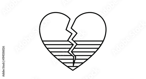 Minimalist outline of a broken heart with horizontal lines on the bottom half symbolizing heartbreak and sadness in black.