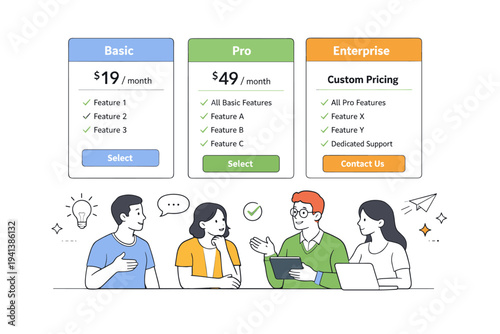 Pricing tiers comparison. Three clean subscription cards labeled ?Basic?, ?Pro?, and ?Enterprise?, a team discussing features and benefits in a calm