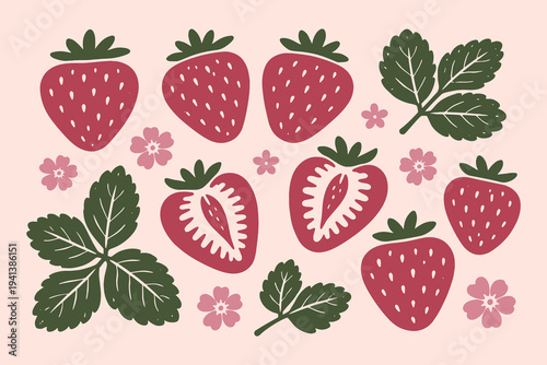 Strawberry set flat folk vector illustration