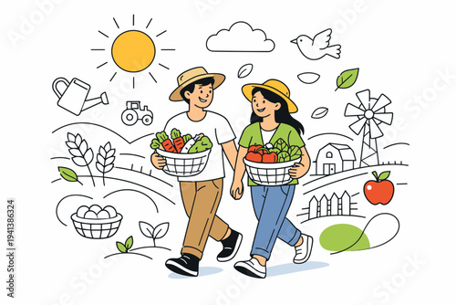 Agri-Tourism Experiences. A cheerful couple walking through open farmland, holding baskets of fresh vegetables while a small farmhouse and rolling fields sit