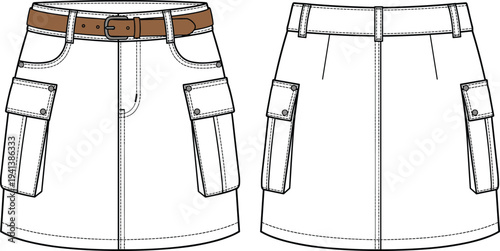 Cargo skirt technical illustration vector fashion apparel garment construction design graphics, belted pocket concept, black and white creative art collection