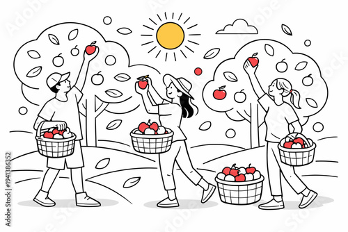 Fruit Picking Adventure. Friends reaching up to gather apples from stylized orchard trees, with baskets filling as leaves and small fruit shapes float around.