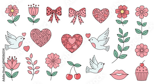 Large set of cute pink and green spring elements including birds, flowers, hearts, bows, and cherries for decorative design.
