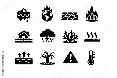 Climate Change Impact. Solid icon set of Climate Change Impact: melting ice cap, overheated earth, drought cracked ground, wildfire flame, flooded land, storm