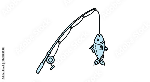 Simple illustration of a fishing rod with a blue fish caught on the hook hanging from the line against a white background.