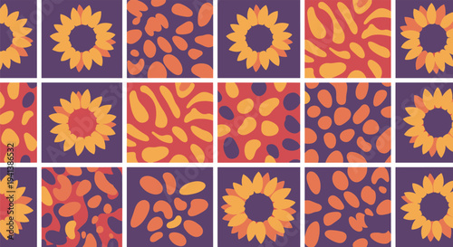 Repeating grid pattern featuring bright yellow sunflowers and abstract orange shapes on dark purple and red backgrounds.