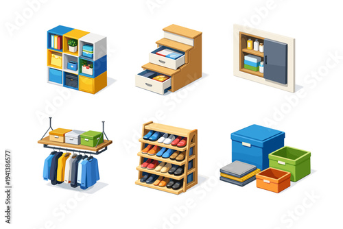 Smart storage solutions. Isometric flat vector icons set of Smart storage solutions: modular cube shelving system, staircase drawers storage, hidden wall niche