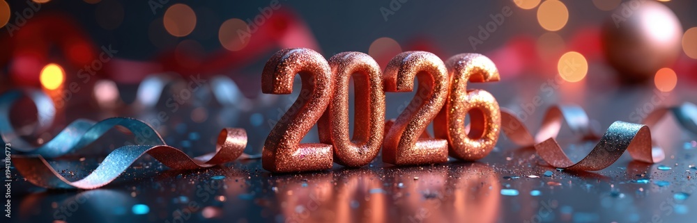 Obraz premium Shiny 2026 numbers sparkle on dark surface with streamers and bokeh lights. Festive New Year Eve decoration for party celebration. Year end event background.