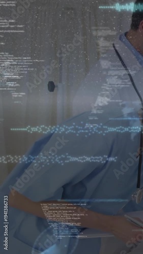 Nurse glancing toward doctor, updating medical chart on pad while blue DNA overlay crossing nurse