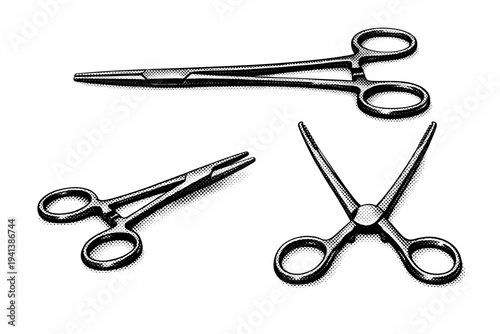 Surgical forceps presented as a single object shown in three views: closed side profile, slightly open angled perspective, and fully open top view, emphasizing