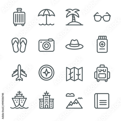 Global Travel Tourism and World Adventure Holiday Line Icon Set