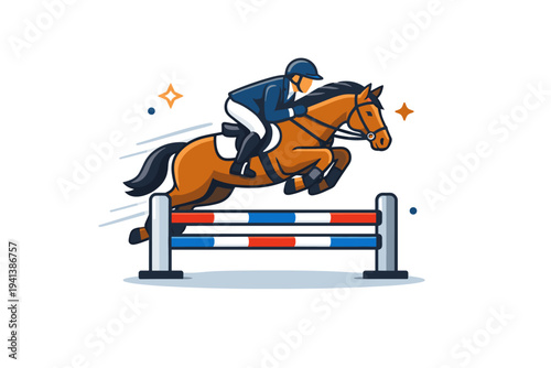 Show jumping equestrian athlete and horse mid air over a striped barrier with subtle motion lines and small star accents emphasizing precision and peak