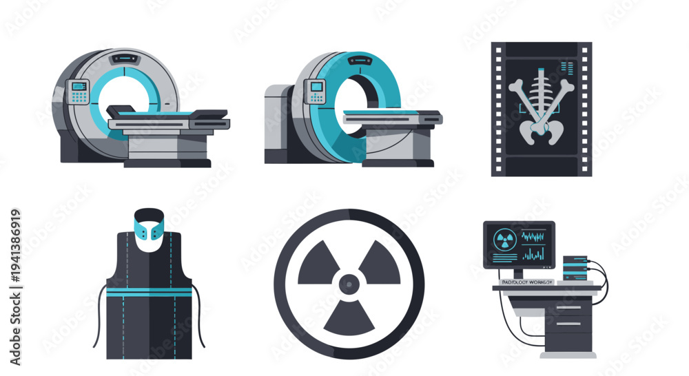 Fototapeta premium Collection of radiology equipment and safety icons in a flat illustration style
