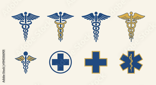 Collection of medical symbols including Caduceus and crosses on light background