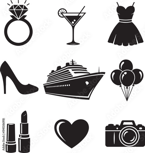 Black Silhouette Wedding and Honeymoon Icons Set