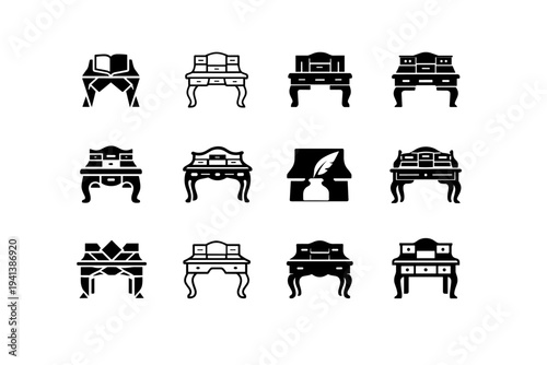 writing desk. Icon set. Set Logo of writing desk: vintage writing table. harmonious logo variations of the same emblematic concept, each with different