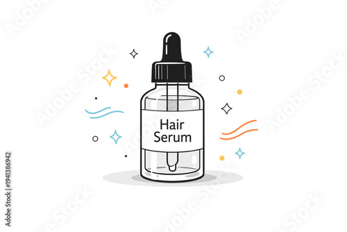 Hair serum glass dropper bottle. A sleek cosmetic bottle with a pipette stands on a clean surface, soft shadows beneath, tiny sparkles and abstract shapes