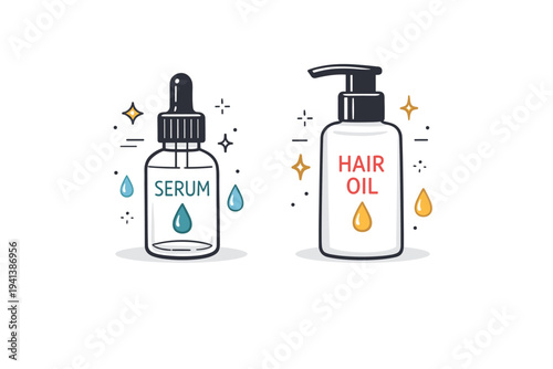 Hair care routine with serum and oil bottles. Two elegant bottles placed side by side, one with dropper and one with pump, small stars and droplets around them