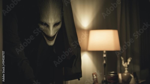 Creepy Creature Peeking From Door In Dark Horror Room Scene