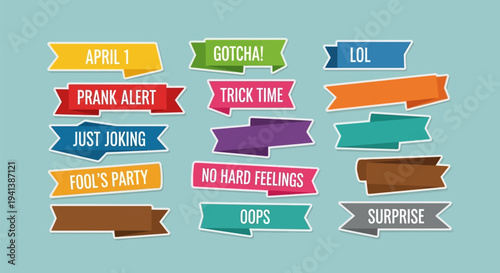 Colorful april fools' day banners and labels for pranks and jokes on a light blue background with playful text