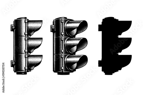 Traffic light side profile. A realistic traffic light depicted as a single object in three different views, highlighting side depth, visor projection, and