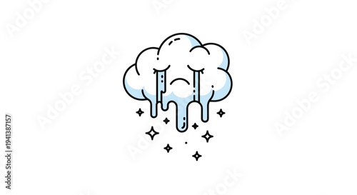 Whimsical illustration of a sad blue cloud crying tears that turn into droplets with small black stars below it.