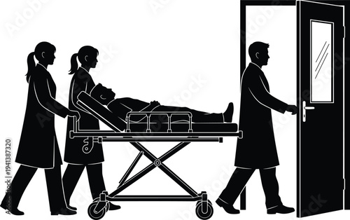 Medical team transporting patient on hospital stretcher through door, emergency healthcare service silhouette vector illustration