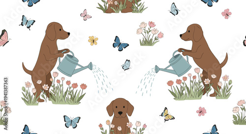 Seamless pattern featuring cute brown labrador dogs watering spring flowers with blue watering cans and colorful butterflies on white.