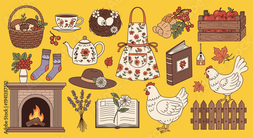 Comprehensive collection of cozy autumn and farm life elements including a fireplace, chickens, basket of mushrooms, teapot, and garden tools.