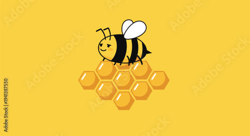 Adorable cartoon bee with a small smile resting on top of several golden hexagonal honeycombs against a bright yellow background.