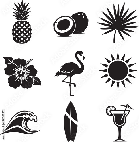 Tropical Summer Vacation Icons Set with Pineapple, Coconut, Palm Tree