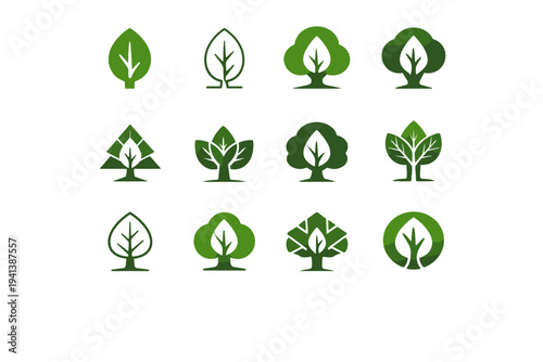 Trees. Icon set. Set Logo of Trees: leaf and tree combination. harmonious logo variations of the same emblematic concept, each with different