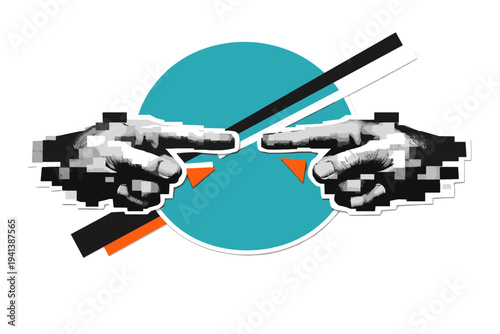 Black and white mirrored hands pointing in opposite directions, fragmented into subtle pixel-like blocks for surreal effect, large turquoise circle intersected