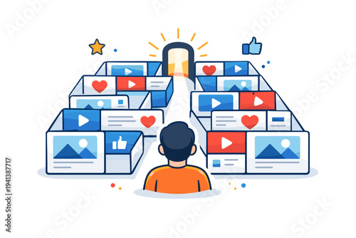 Recommendation algorithm trap illustrated by a maze built from media cards guiding the user toward a single exit, expressing reduced choice and