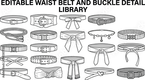 Waist belt and buckle detail illustration vector fashion accessory design graphics, variation concept, black and white creative art collection