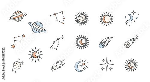 Large set of celestial doodle icons including planets with rings, constellations, suns, moons, comets, and stars in a soft pastel color palette.