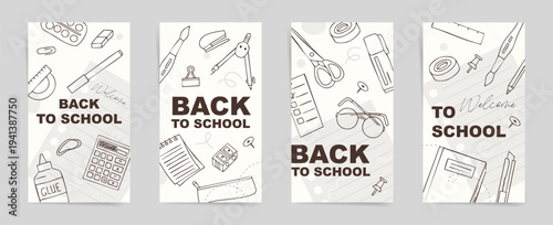 Vertical Back to School story banner set with hand drawn stationery doodles on notebook paper background, minimal education mobile templates
