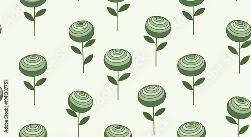 Seamless pattern of abstract green flowers with circular layered petals on tall thin stems arranged in a grid over a pale green background.