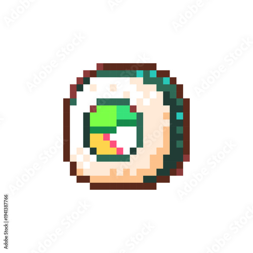 Pixel Art Crab Sushi Roll Icon. Retro 8 Bit Japanese Pixel Seafood Food Vector Illustration for Game Assets, UI, Stickers and Menu Design
