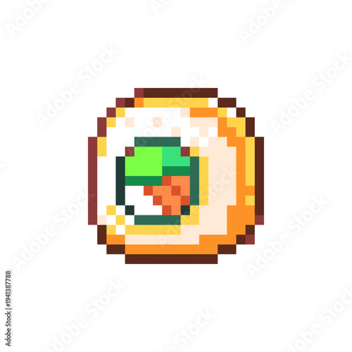 Pixel Art Tamago Sushi Roll Icon. Retro 8 Bit Japanese Pixel Egg Food Vector Illustration for Game UI, Stickers and Menu Design
