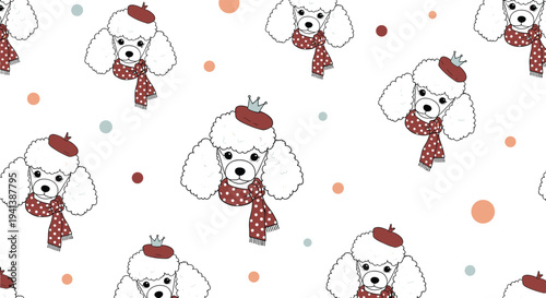 Seamless pattern featuring cute white poodle dog heads wearing red berets with crowns and polka dot scarves on a white background.