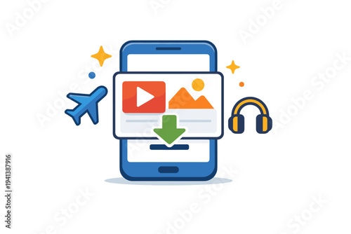 Download for offline icons represented by a media card stored inside a device frame with small confirmation stars. The visual communicates entertainment