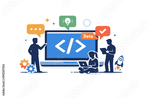 Software development startup laptop displaying clean code brackets while a tiny team silhouette collaborates around it with chat bubbles and a small ?Beta?