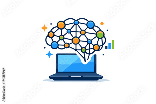 Artificial intelligence startup neural network node cluster forming a brain shape above a laptop, with minimal spark accents suggesting smart automation and