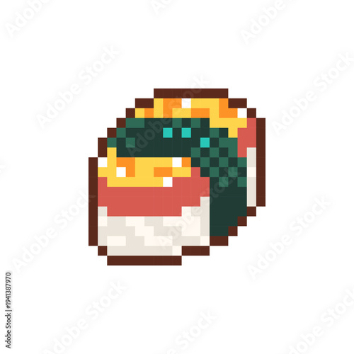 Pixel Art Tamago Nigiri Sushi Icon. Retro 8 Bit Japanese Egg Food Vector Illustration for Game UI, Stickers and Menu Design
