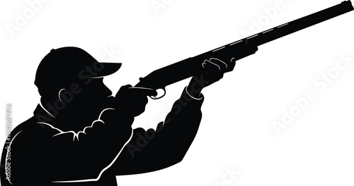 Hunter aiming shotgun silhouette wearing cap, hunting sport shooter aiming rifle vector illustration isolated
